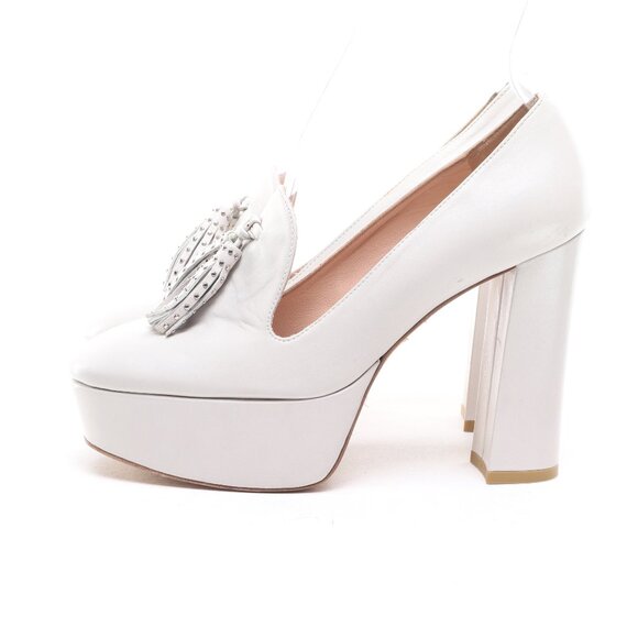 Stuart Weitzman Sky-High Tassel Heels Leather Platforms Women 6 White/Silver - Picture 7 of 16